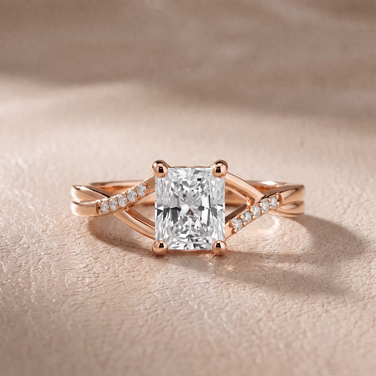 Veronica Twist Side Stone Radiant Diamond Engagement Ring in Rose Gold - front.jpg