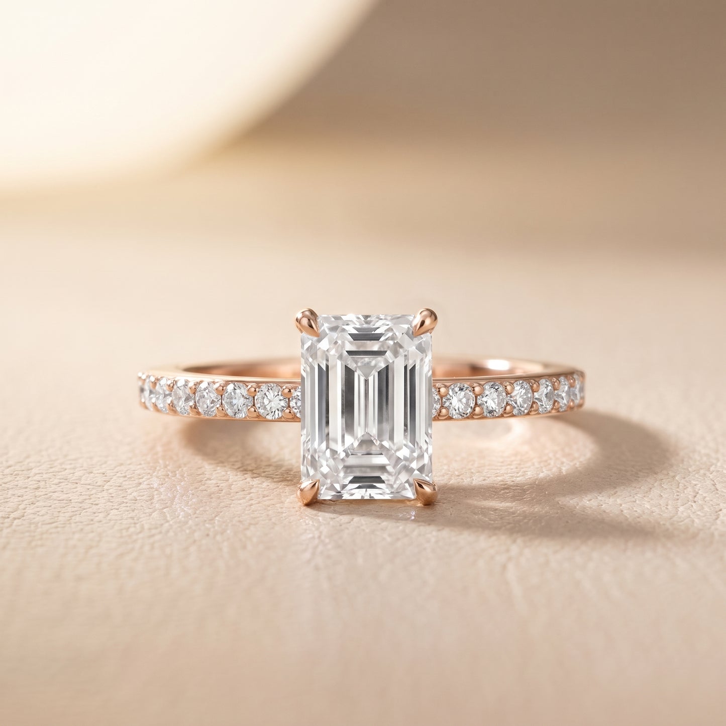 Aisha Pavé Solitaire Emerald Diamond Engagement Ring in Rose Gold - front.jpg
