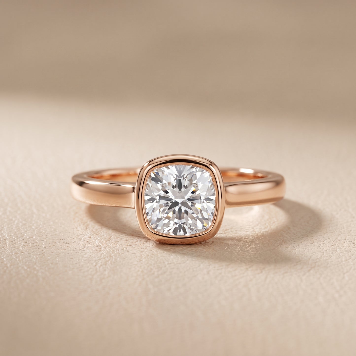 Jolie Bezel Solitaire Cushion Diamond Engagement Ring in Rose Gold - front.jpg