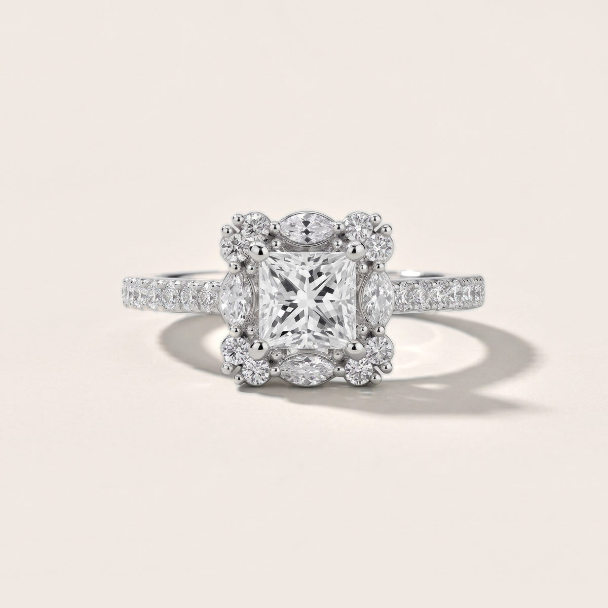 Edina Floral Halo Princess Diamond Engagement Ring in White Gold - front.jpg