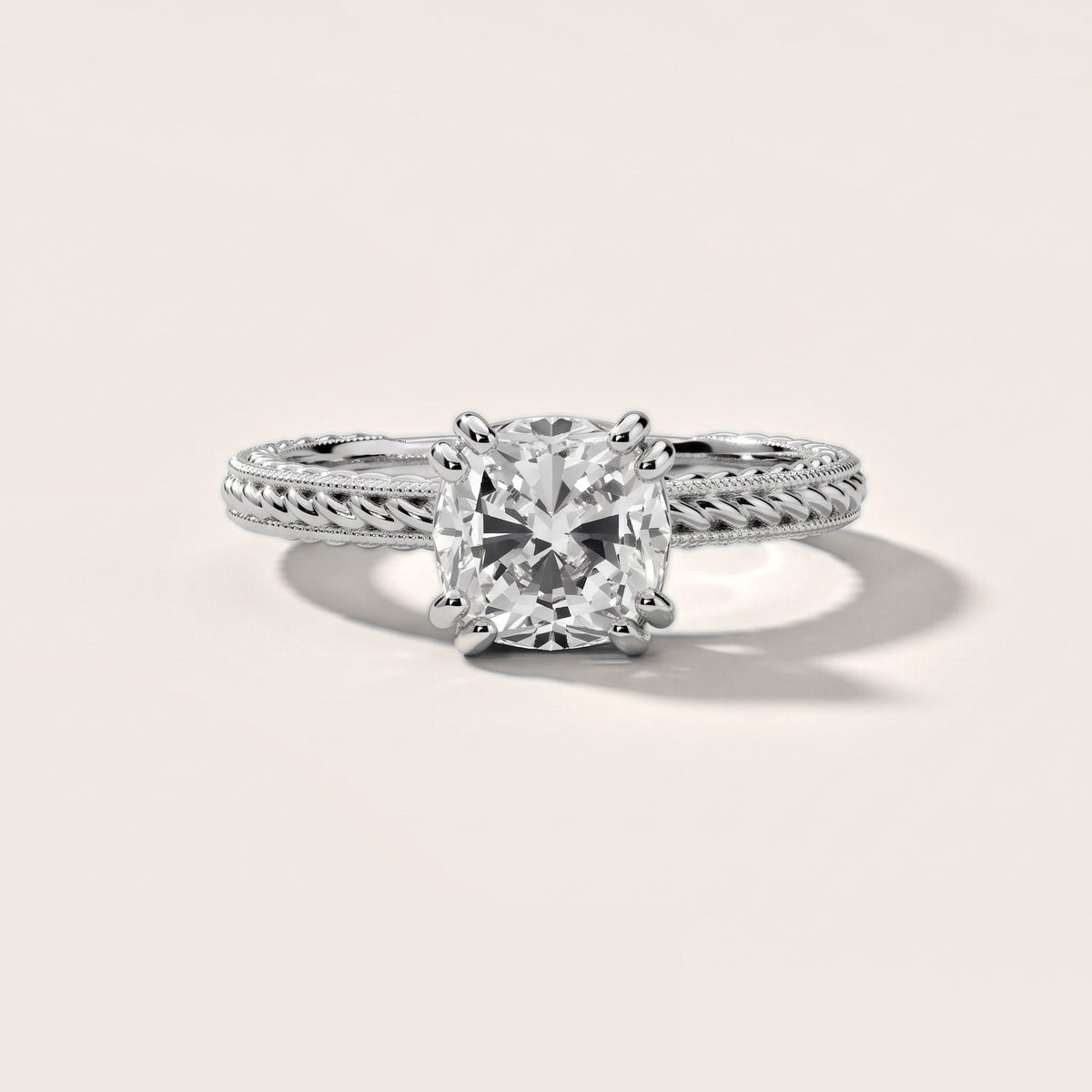 Lacey Rope Solitaire Cushion Diamond Engagement Ring in Silver - front.jpg