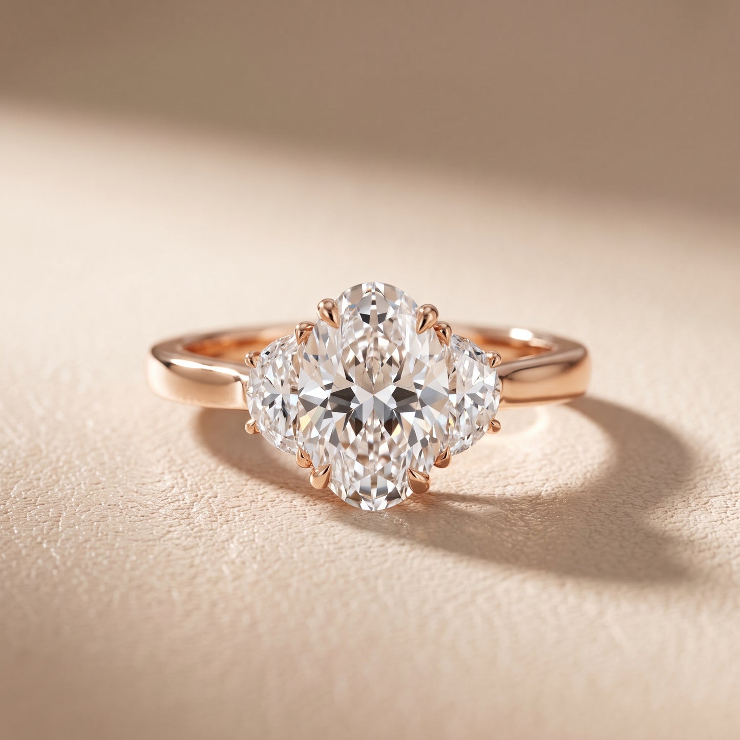 Romy Three-Stone Oval Diamond Engagement Ring in Rose Gold - front.jpg