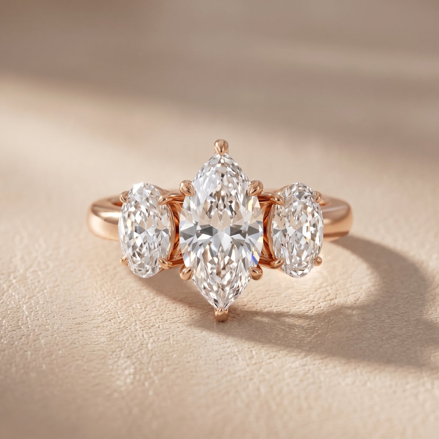 Lila Three-Stone Marquise Diamond Ring in Rose Gold - front.jpg
