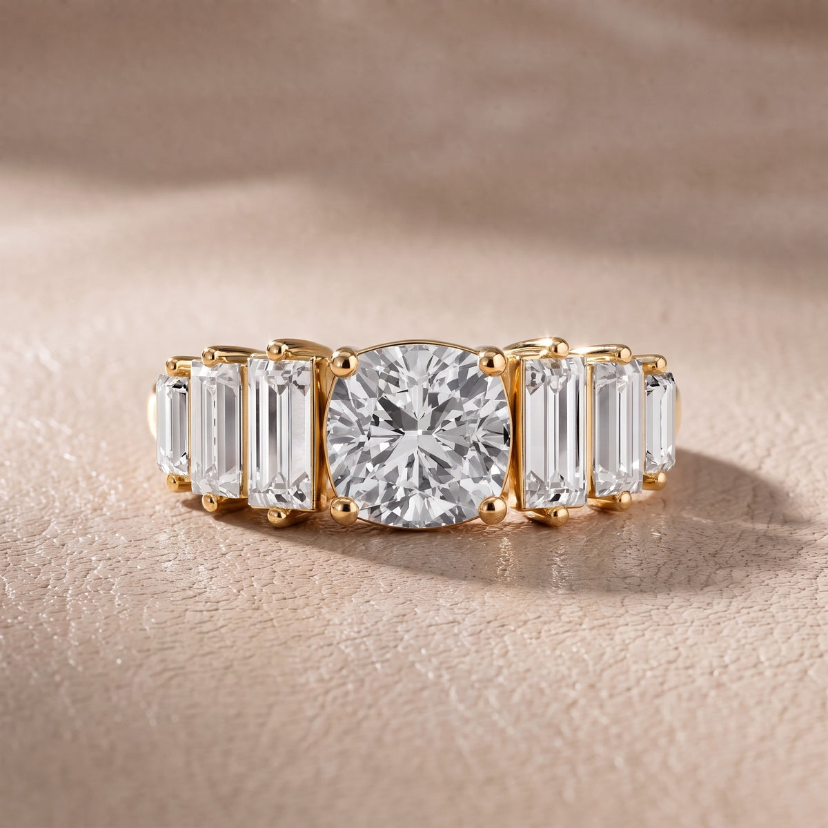 Mara Sidestone Baguette Accent Cushion Diamond Engagement Ring in Yellow Gold - front.jpg