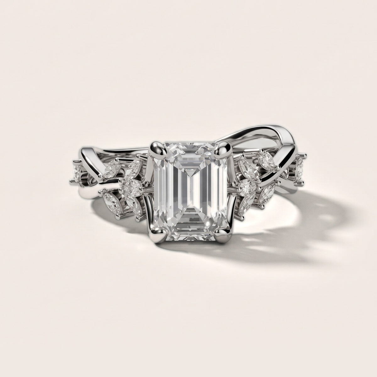 Kona Leaf Twist Emerald Diamond Engagement Ring in Silver - front.jpg