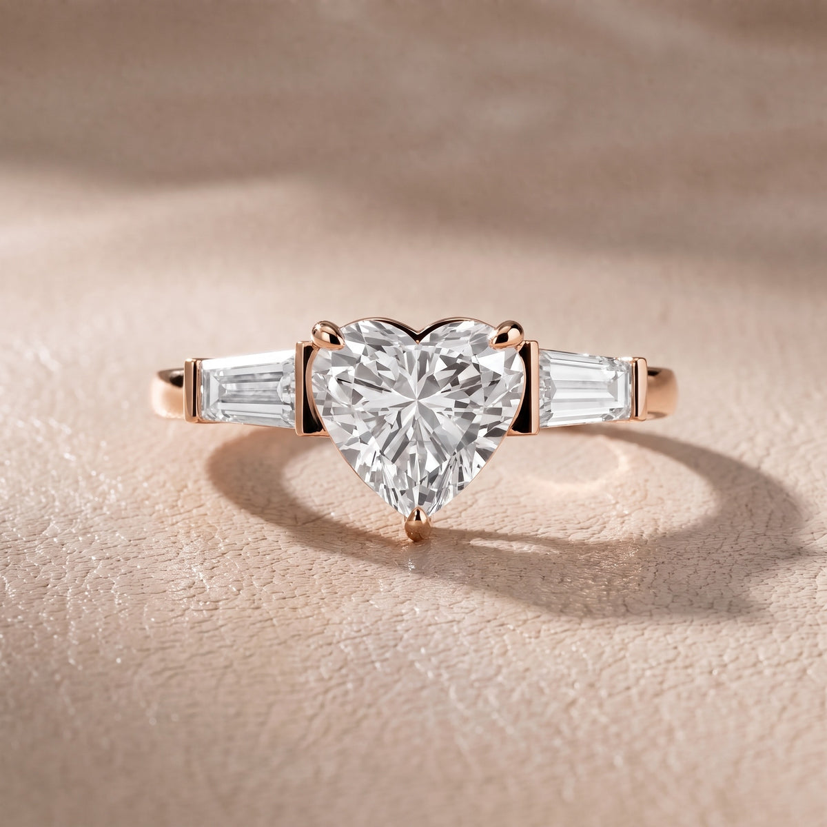 Eloise Tapered Baguette Heart Diamond Engagement Ring in Rose Gold - front.jpg