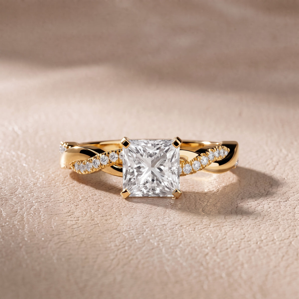 Twisted Side Stone Princess Diamond Engagement Ring in Yellow Gold - front.jpg
