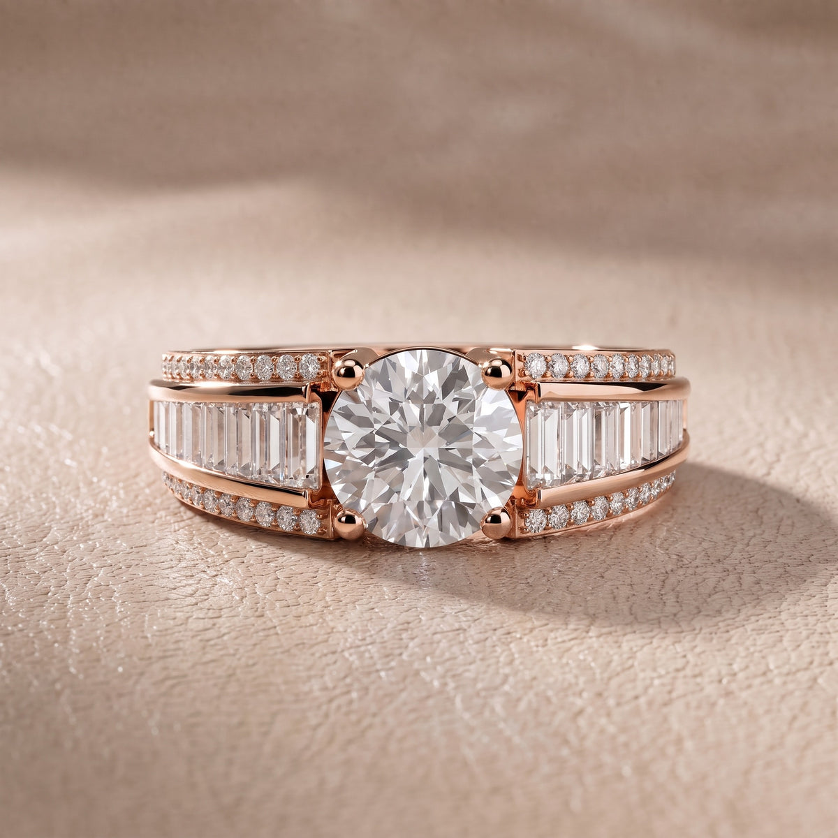 Tara Channel Set Baguette Accent Round Diamond Engagement Ring in Rose Gold - front.jpg