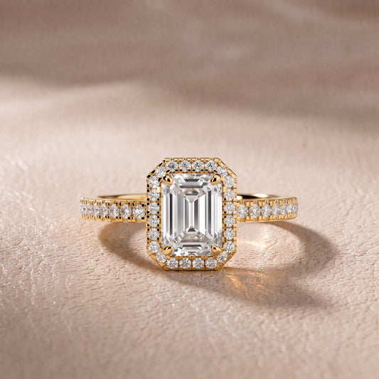 Rosemary Halo Pavé Emerald Diamond Engagement Ring in Yellow Gold - front.jpg