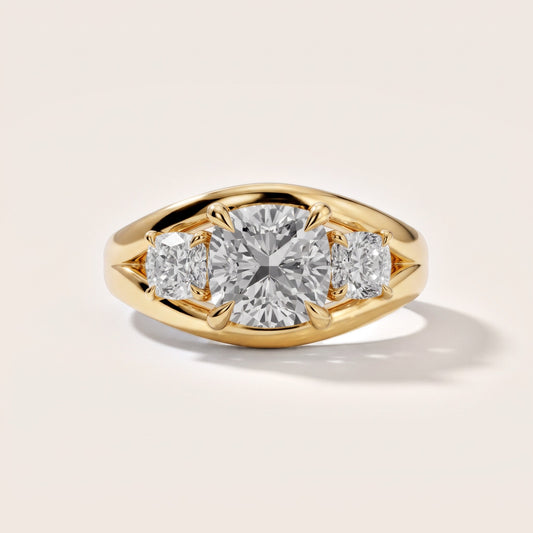 Exquisite Three-Stone Cushion Diamond Engagement Ring in Yellow Gold