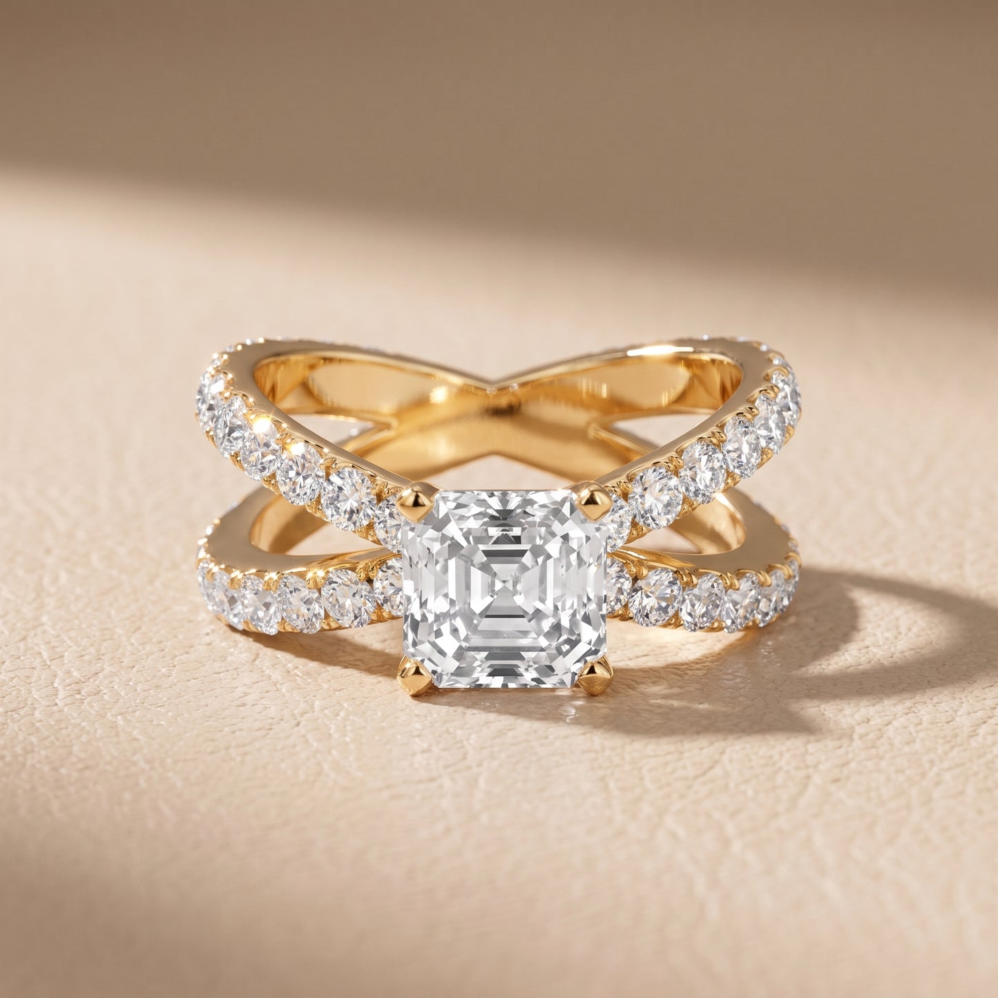 Lior Criss Cross Pavé Asscher Diamond Engagement Ring in Yellow Gold - front.jpg