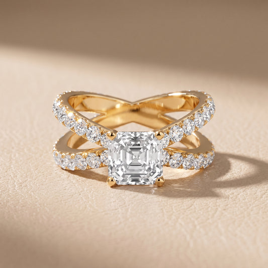 Lior Criss Cross Pavé Asscher Diamond Engagement Ring in Yellow Gold - front.jpg