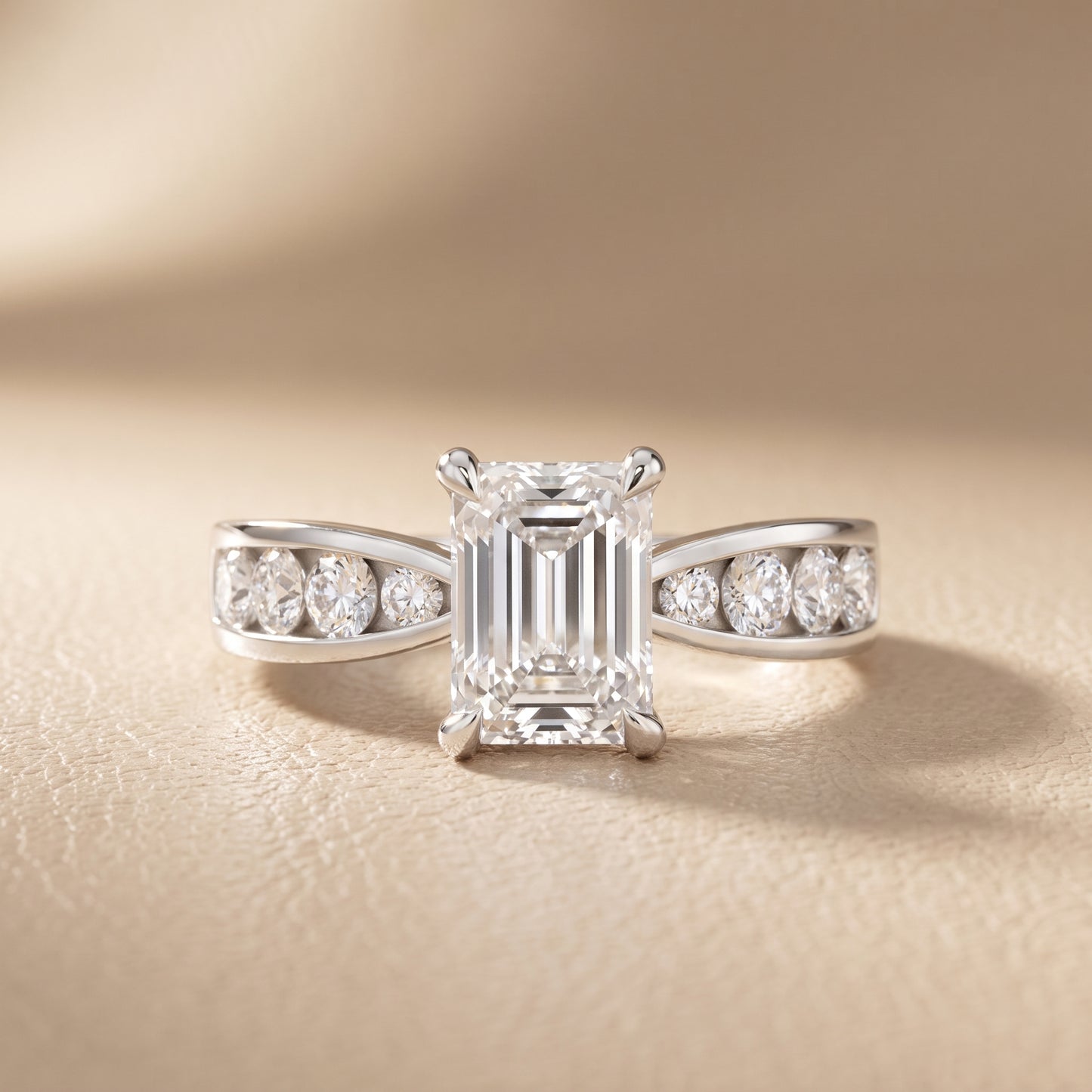 Noor Channel Set Sidestone Emerald Diamond Engagement Ring in White Gold - front.jpg