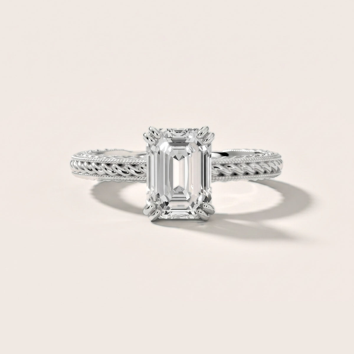 Lacey Rope Solitaire Emerald Diamond Engagement Ring in Silver - front.jpg