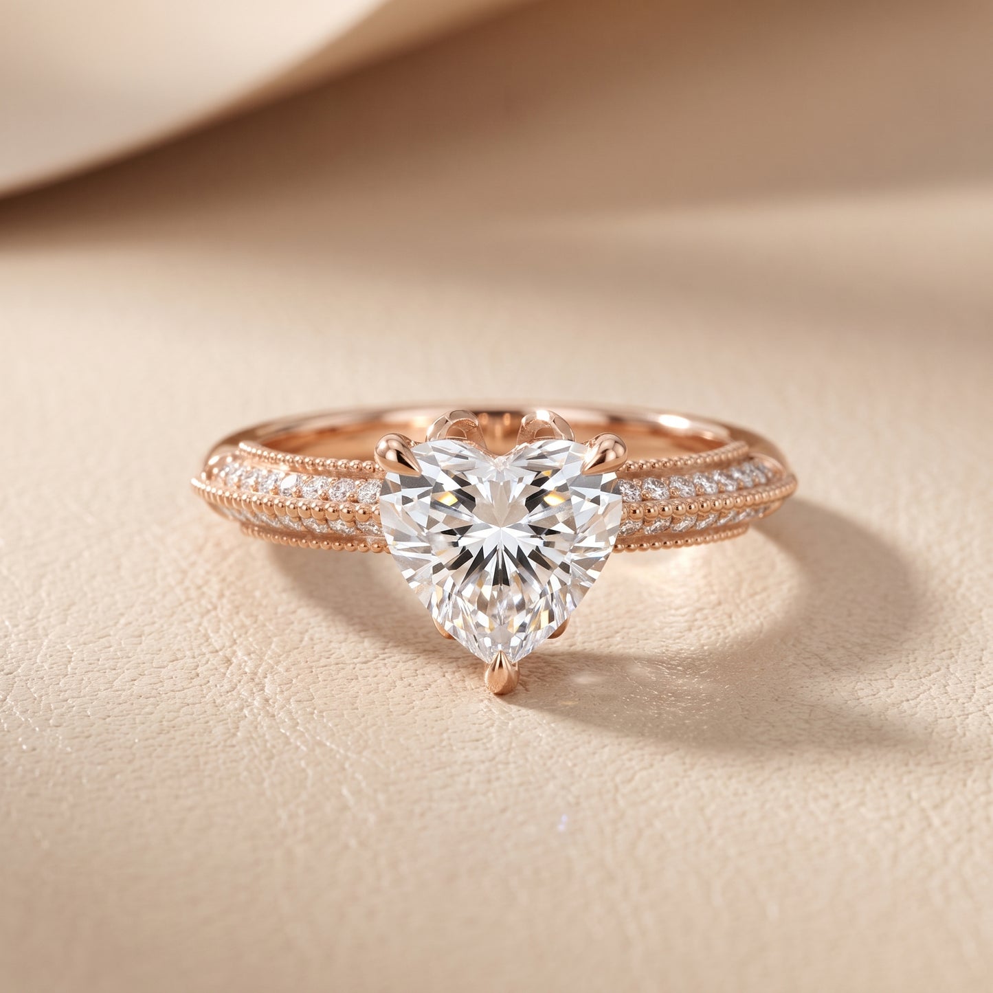Indie Vintage Milgrain Heart Diamond Engagement Ring in Rose Gold - front.jpg