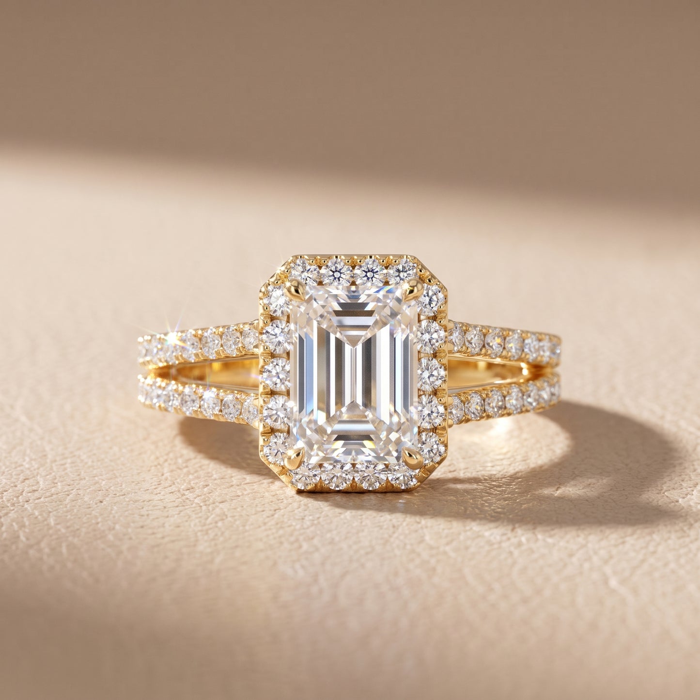 Kira Halo Split Shank Emerald Diamond Engagement Ring in Yellow Gold - front.jpg