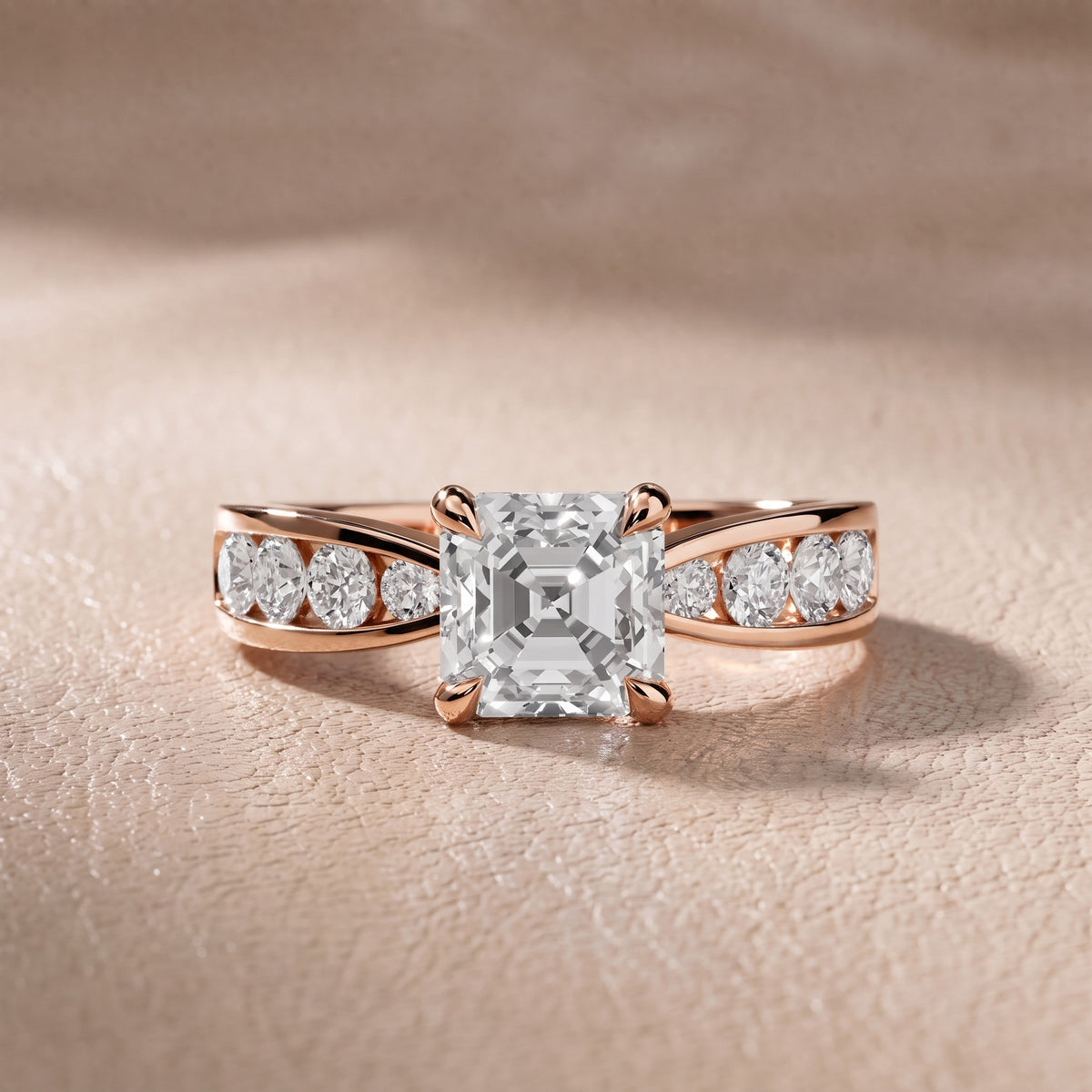 Rosalie Channel Set Sidestone Asscher Diamond Engagement Ring in Rose Gold - front.jpg