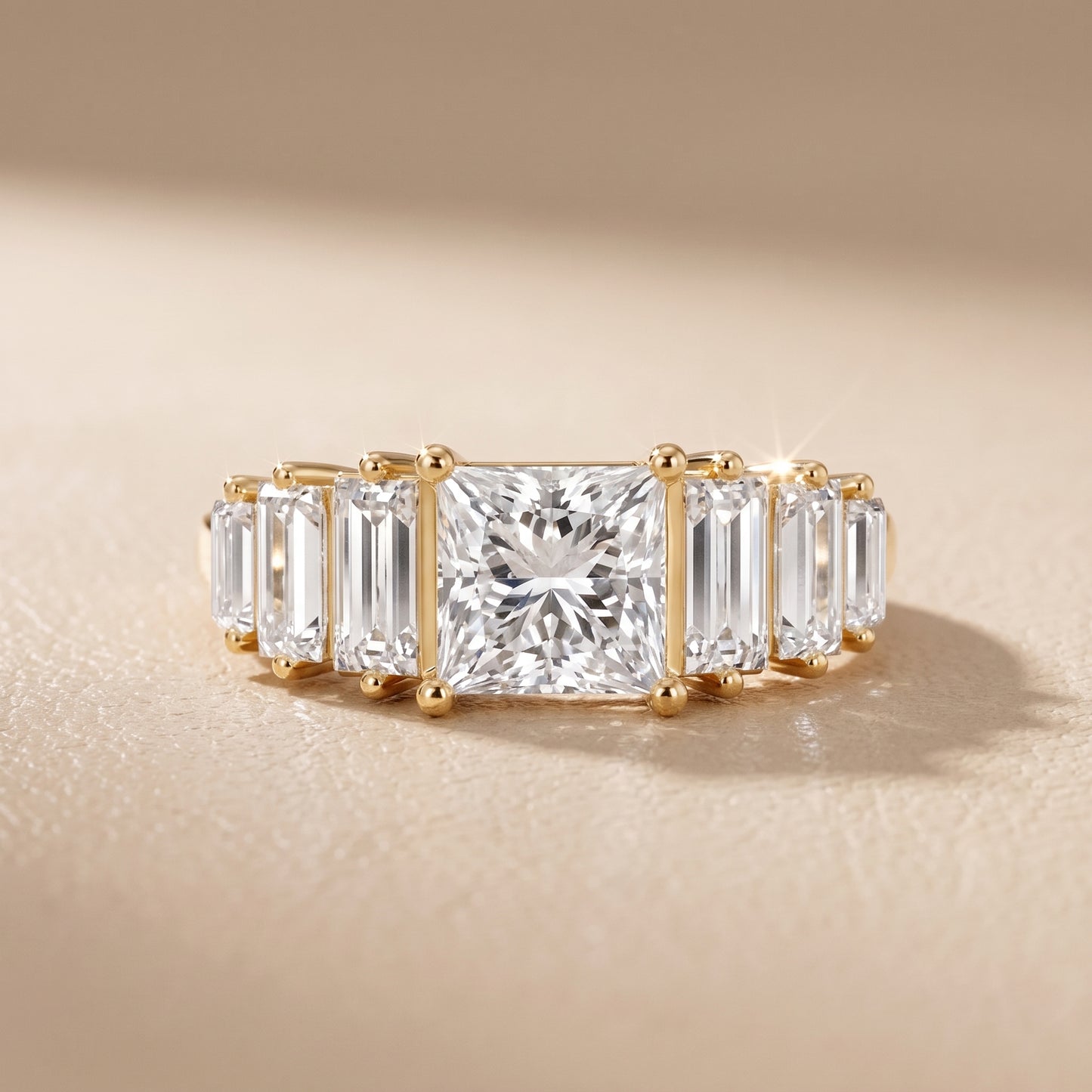 Mara Sidestone Baguette Accent Princess Diamond Engagement Ring in Yellow Gold - front.jpg