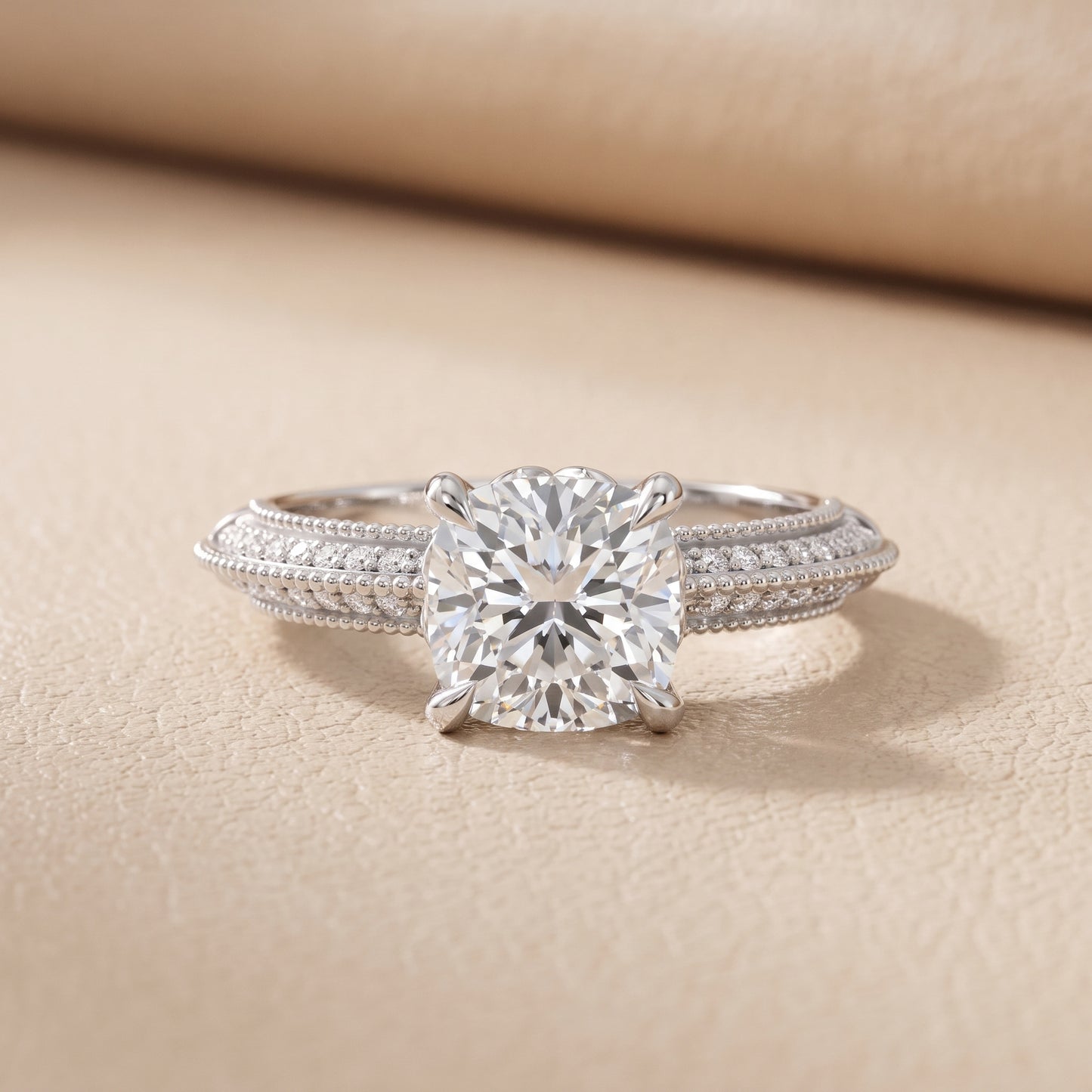 Indie Vintage Milgrain Cushion Diamond Engagement Ring in White Gold - front.jpg