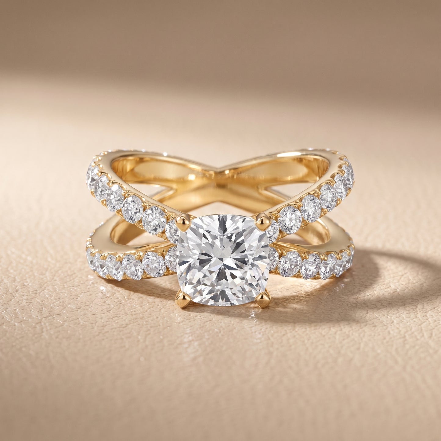 Lior Criss Cross Pavé Cushion Diamond Engagement Ring in Yellow Gold - front.jpg