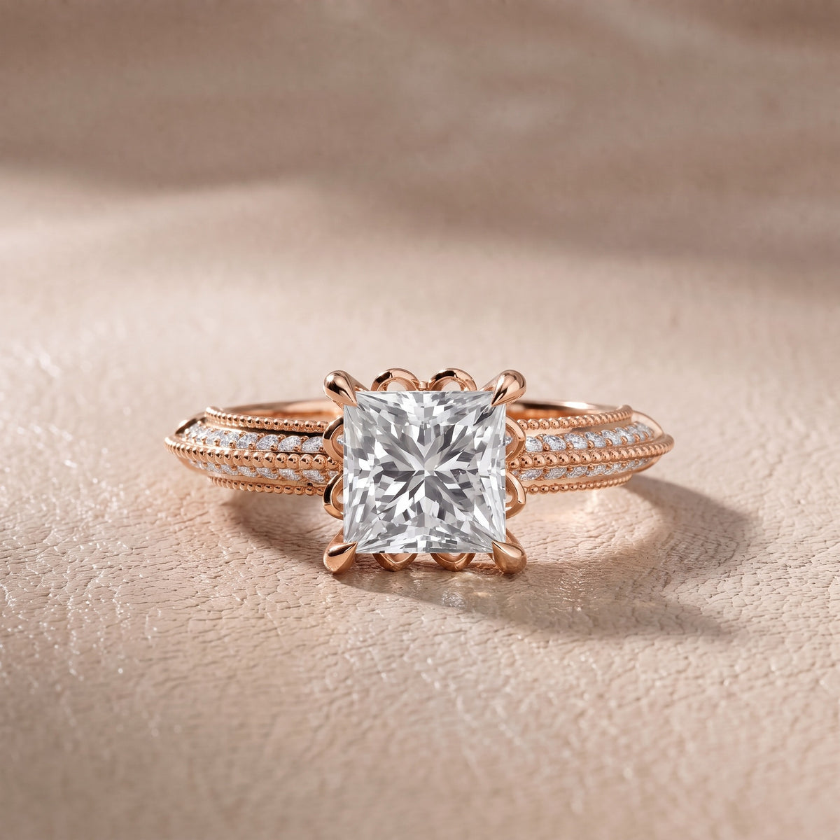 Chiara Vintage Milgrain Princess Diamond Engagement Ring in Rose Gold - front.jpg