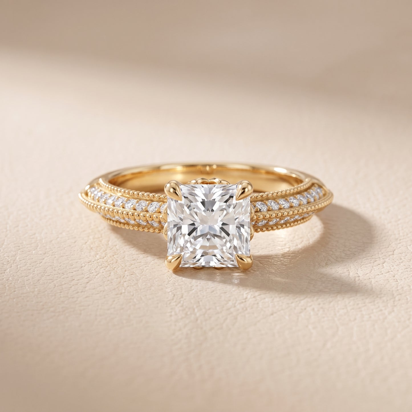 Indie Vintage Milgrain Radiant Diamond Engagement Ring in Yellow Gold - front.jpg