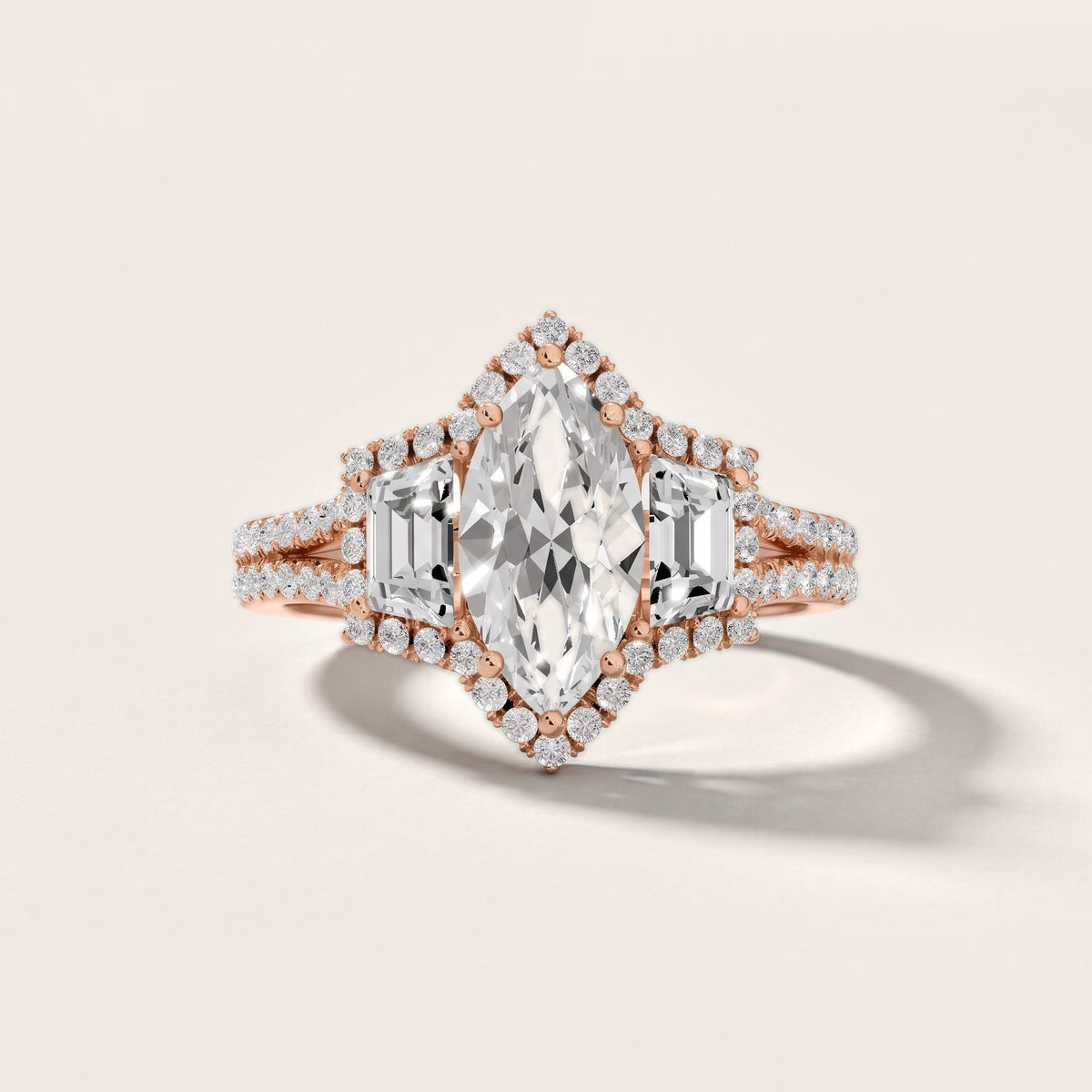 Oakley Three-Stone Split Shank Marquise Diamond Engagement Ring in Rose Gold - front.jpg