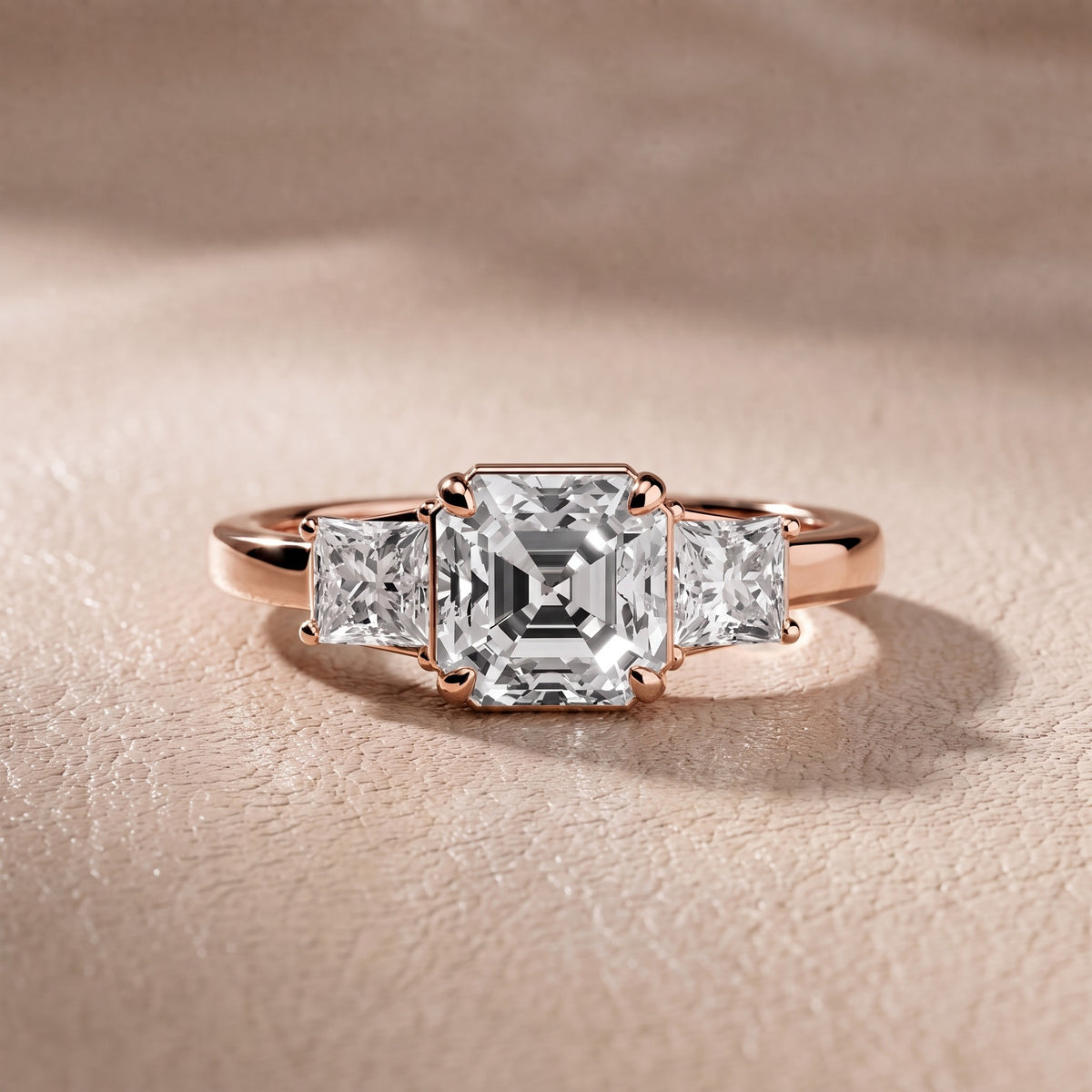 Aria Three-Stone Basket Asscher Diamond Engagement Ring in Rose Gold - front.jpg
