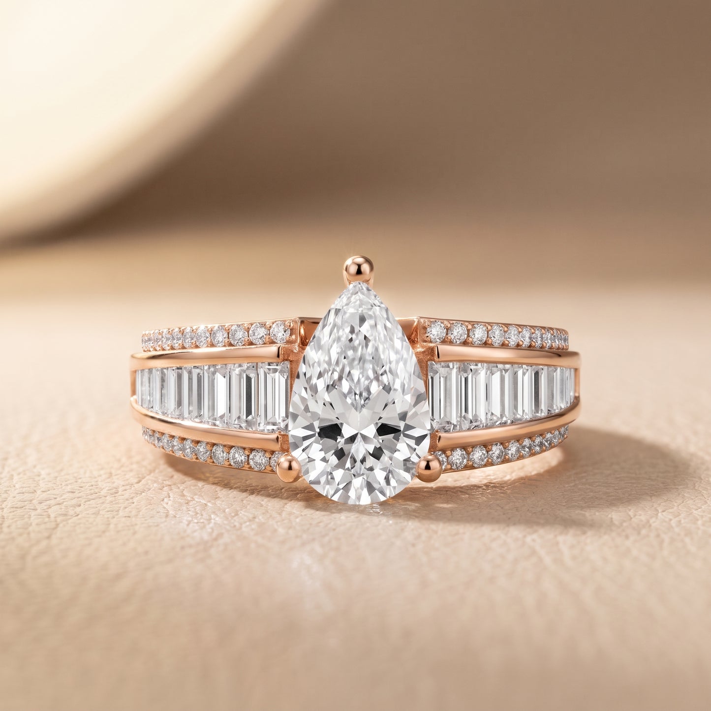 Halle Channel Set Baguette Accent Pear Diamond Engagement Ring in Rose Gold - front.jpg