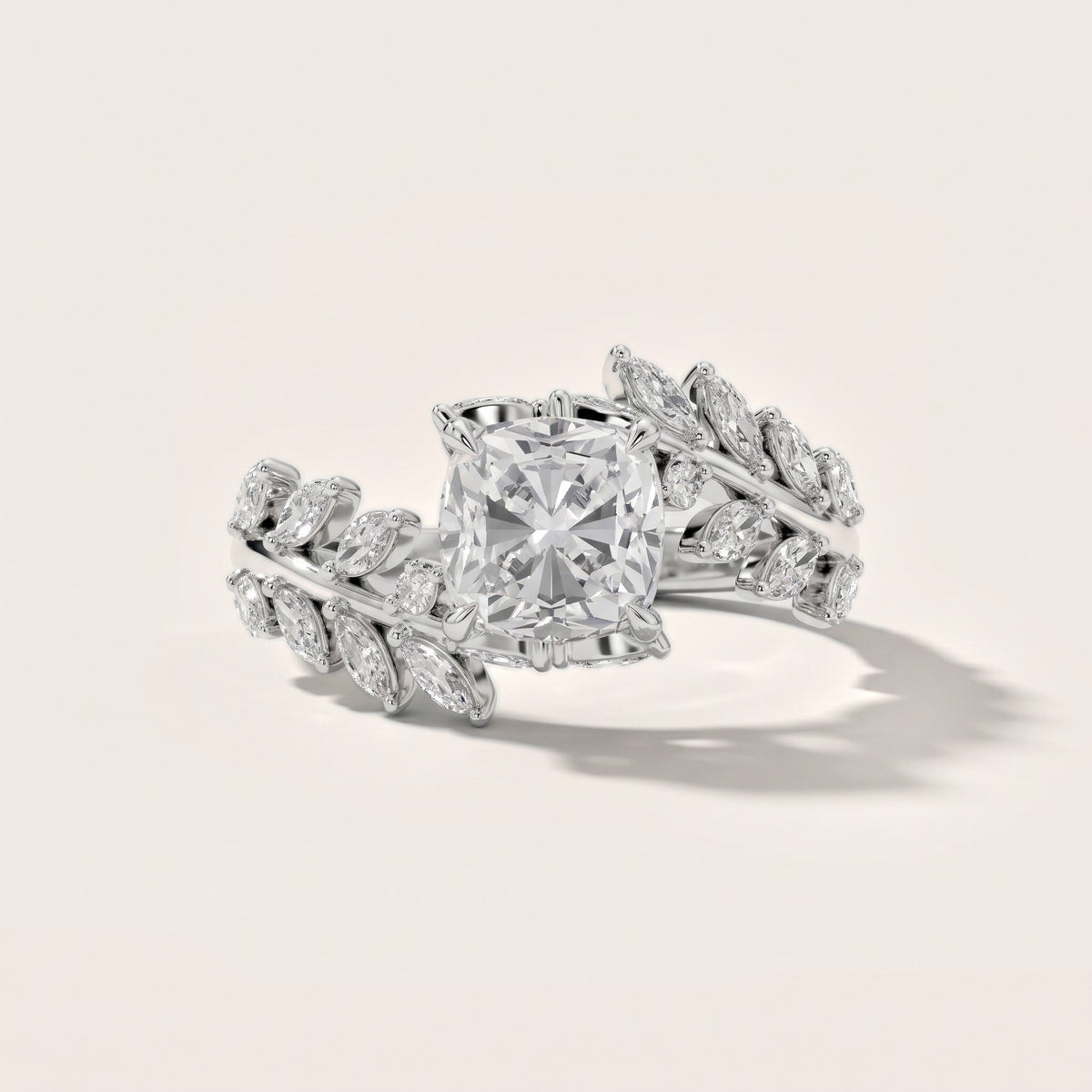 Clarion Leaf Bypass Cushion Diamond Engagement Ring in Silver - front.jpg