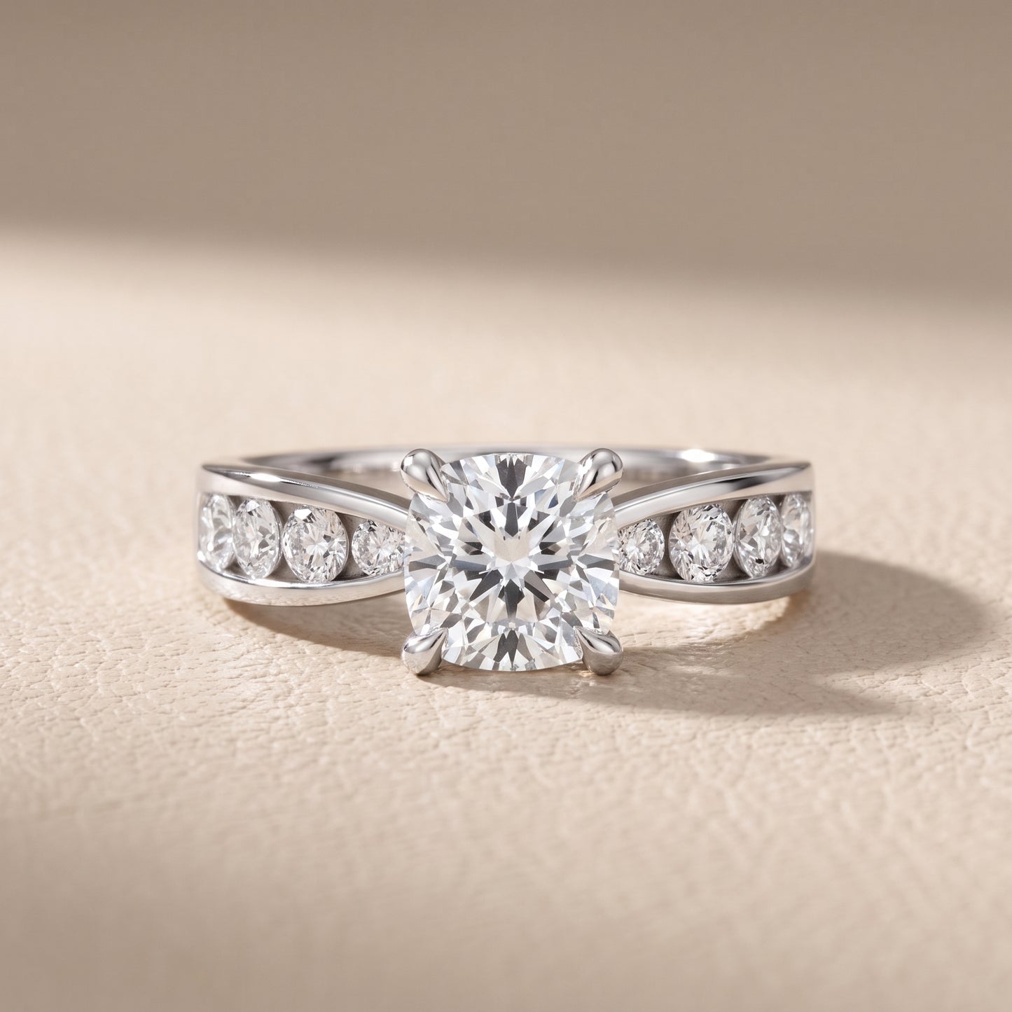 Noor Channel Set Sidestone Cushion Diamond Engagement Ring in Silver - front.jpg
