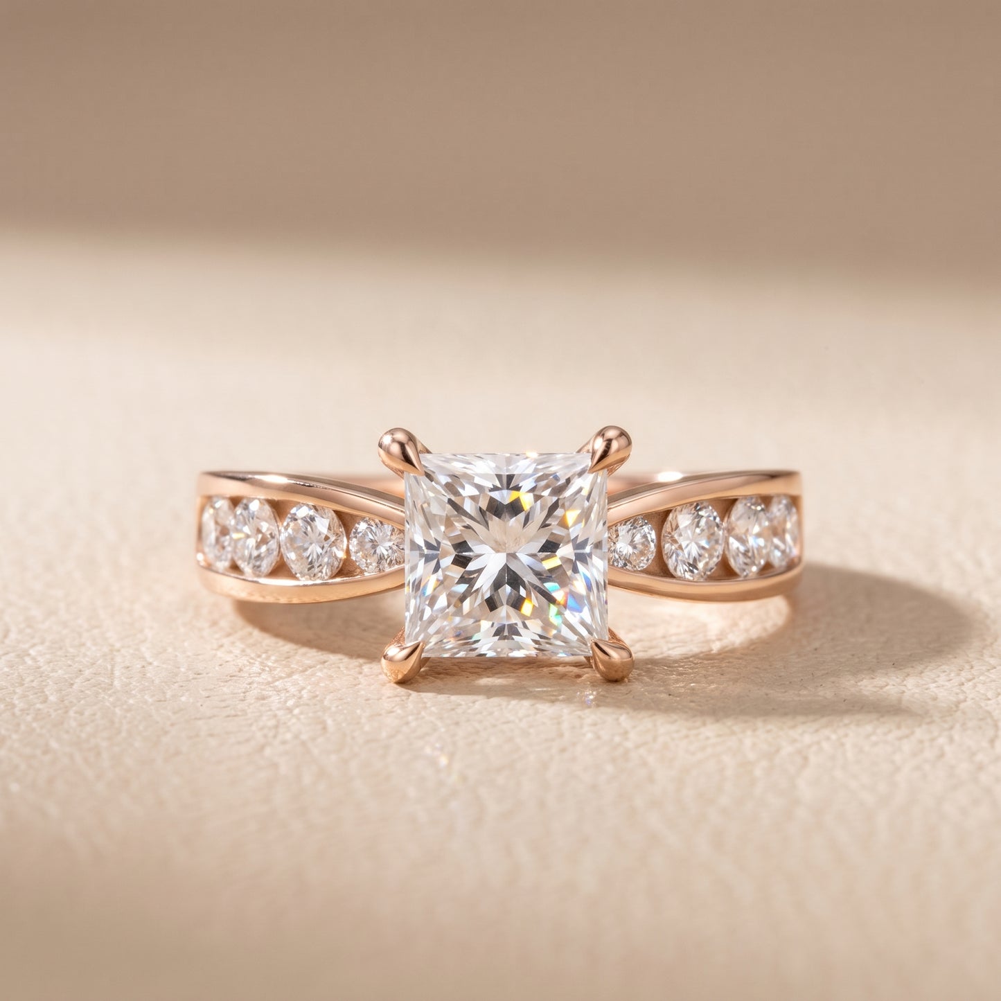 Noor Channel Set Sidestone Princess Diamond Engagement Ring in Rose Gold - front.jpg