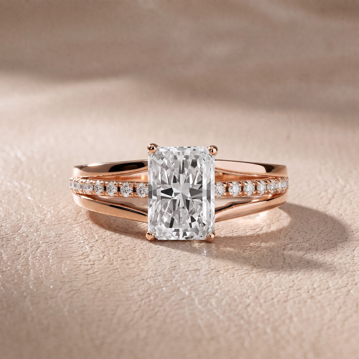 Serena Split Shank Pavé Emerald Diamond Engagement Ring in Rose Gold - front.jpg