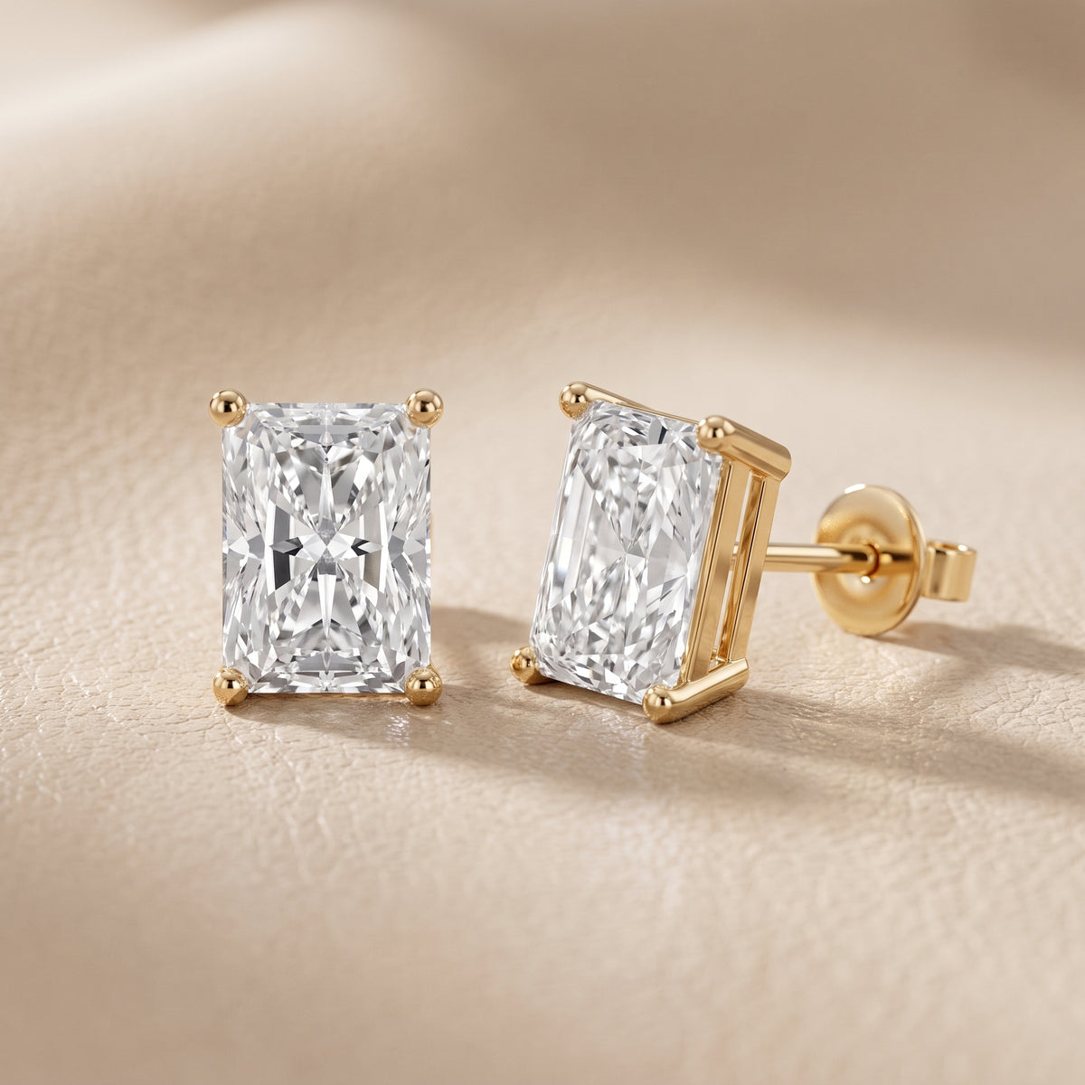 Four Prong Radiant Diamond Stud Earrings in Yellow Gold - lifestyle