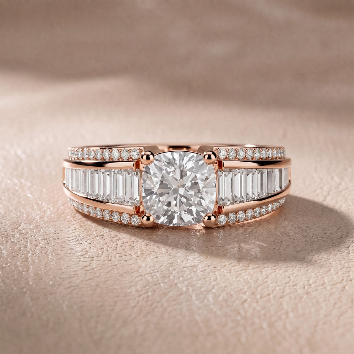 Tara Channel Set Baguette Accent Cushion Diamond Engagement Ring in Rose Gold - front.jpg