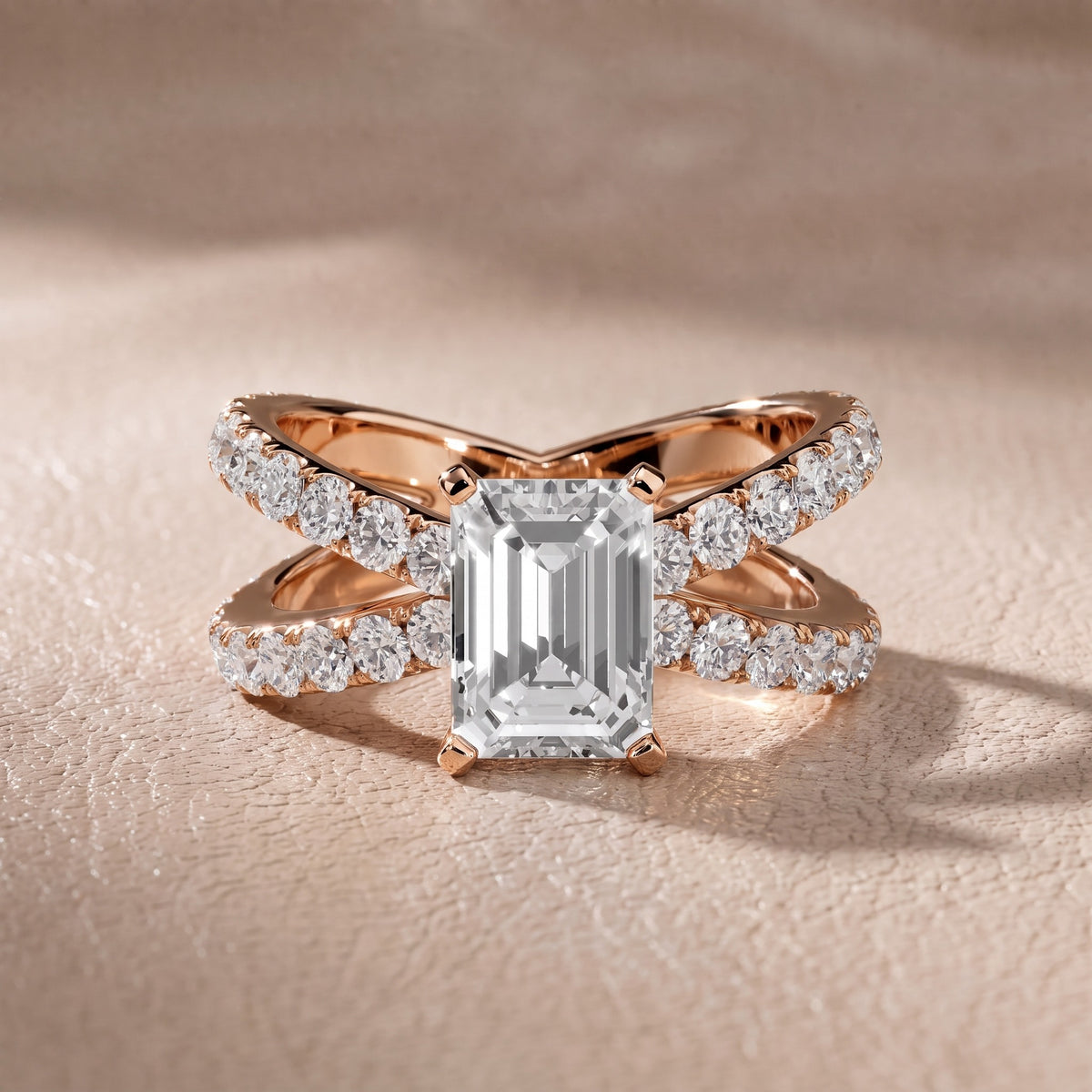 Ilaria Criss Cross Pavé Emerald Diamond Engagement Ring in Rose Gold - front.jpg