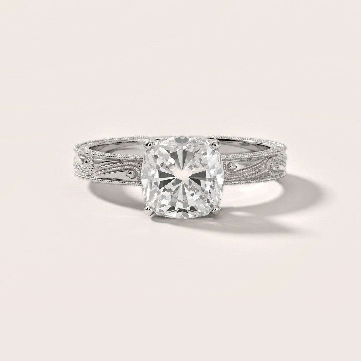 Abbie Engraved Solitaire Cushion Diamond Engagement Ring in Silver - front.jpg