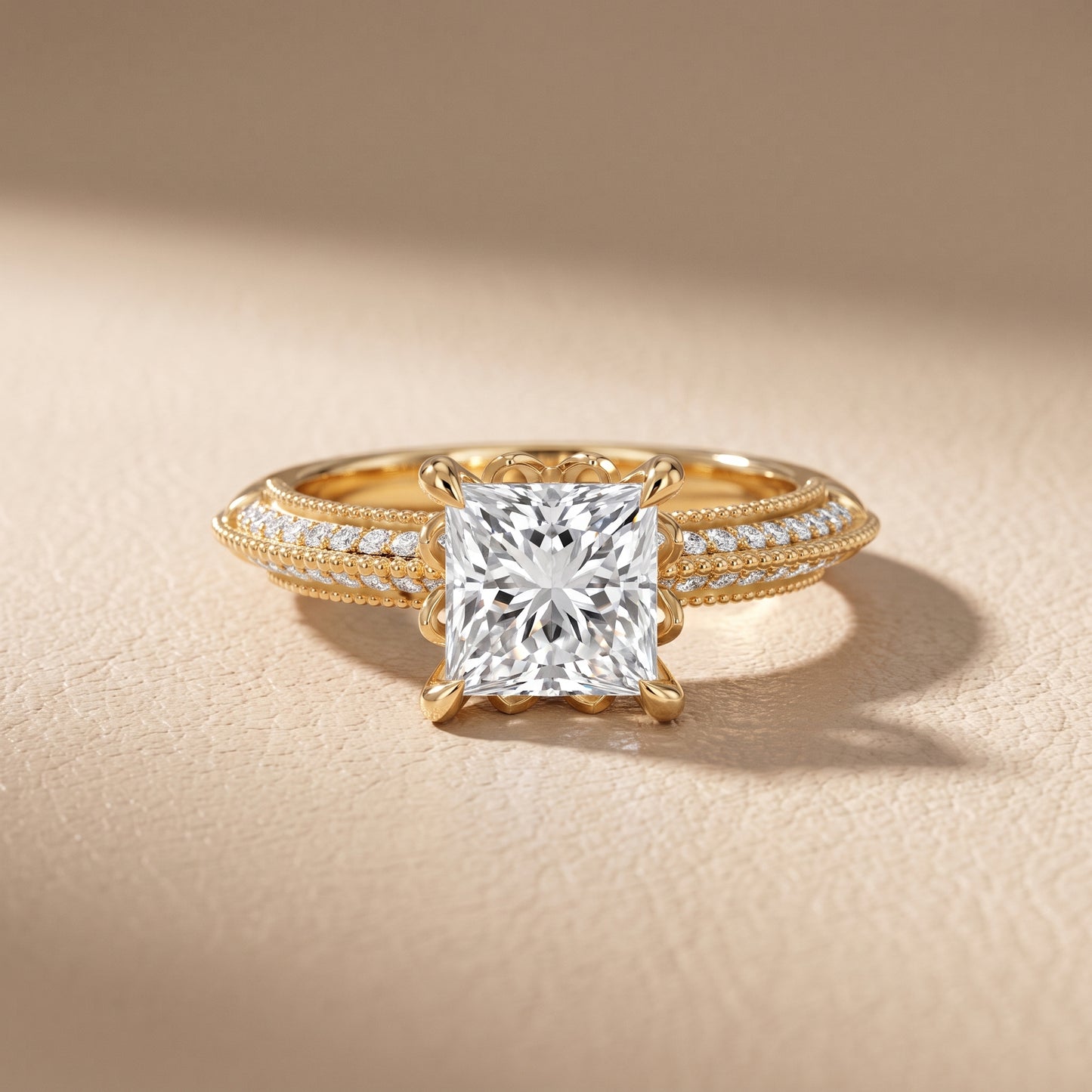 Indie Vintage Milgrain Princess Diamond Engagement Ring in Yellow Gold - front.jpg