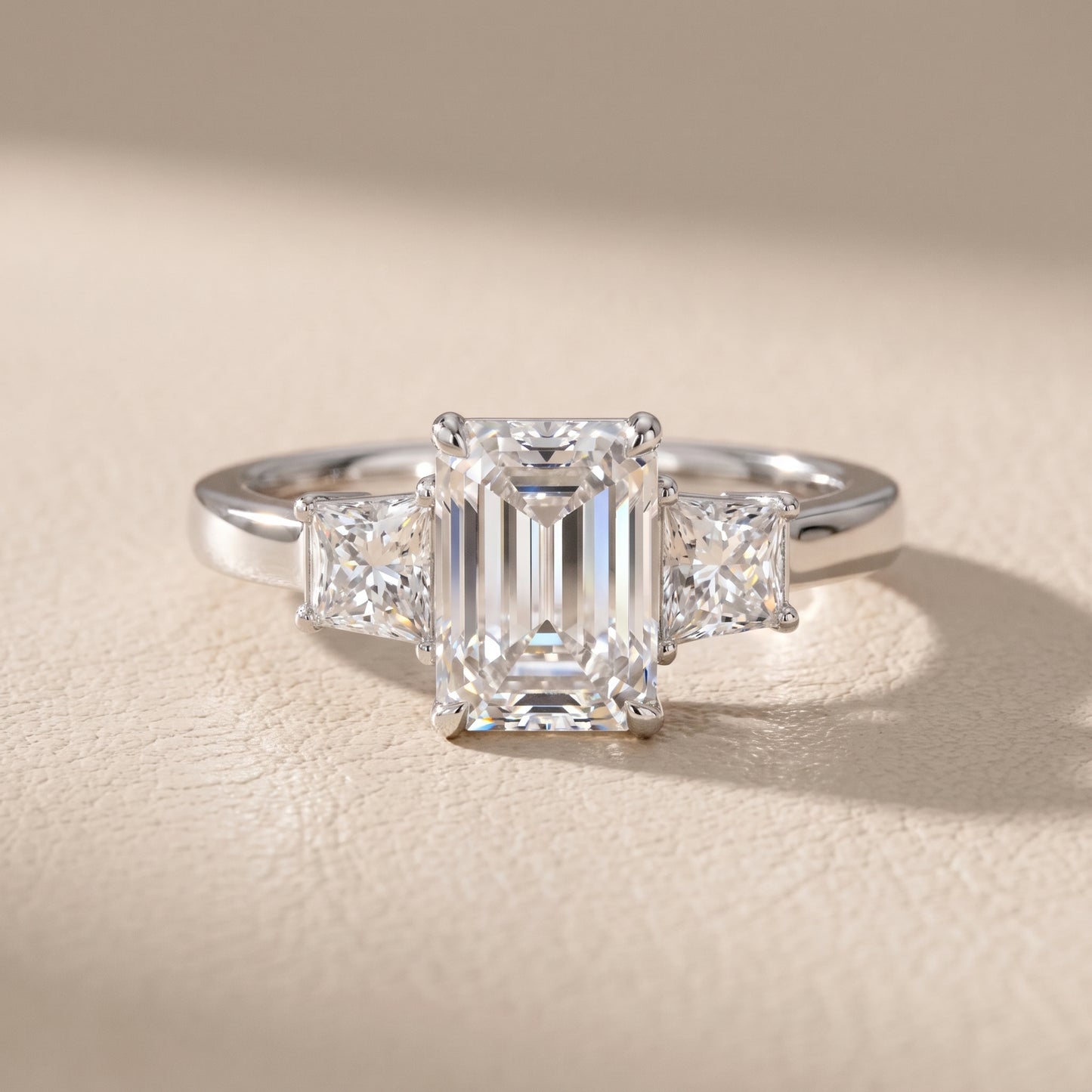 Selena Three-Stone Basket Emerald Diamond Ring in Silver - front.jpg