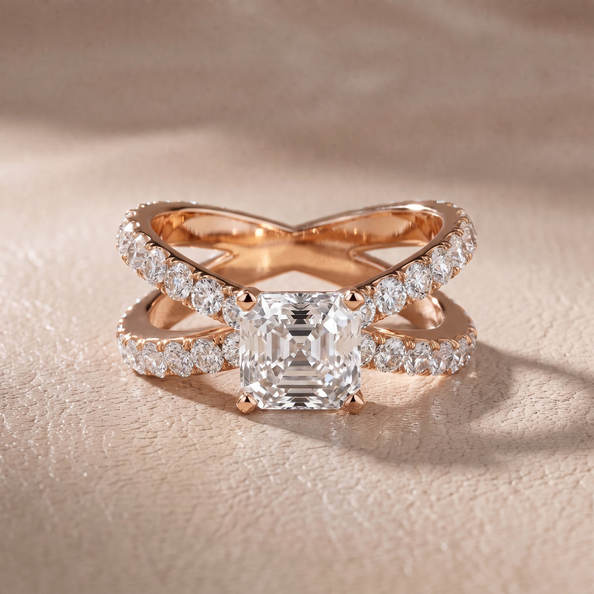 Ilaria Criss Cross Pavé Asscher Diamond Engagement Ring in Rose Gold - front.jpg