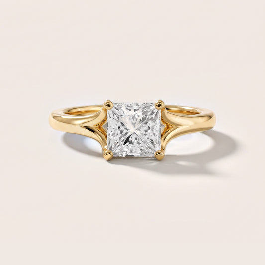 Nell Split Shank Solitaire Princess Diamond Engagement Ring in Yellow Gold