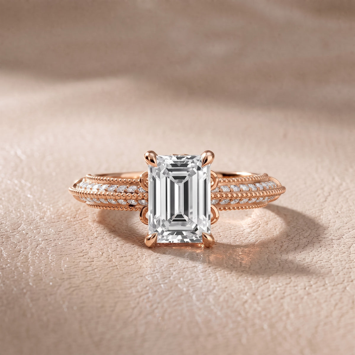 Chiara Vintage Milgrain Emerald Diamond Engagement Ring in Rose Gold - front.jpg