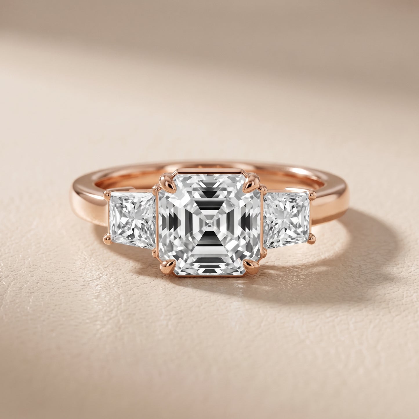 Selena Three-Stone Basket Asscher Diamond Ring in Rose Gold - front.jpg