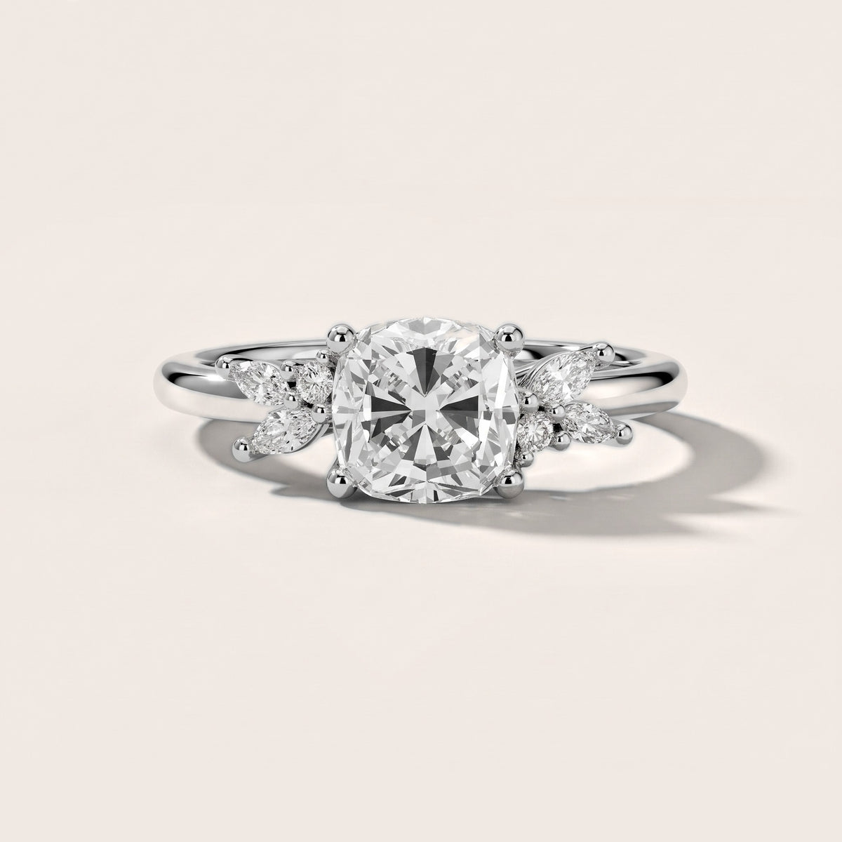 Avon Leaf Cluster Cushion Diamond Engagement Ring in Silver - front.jpg