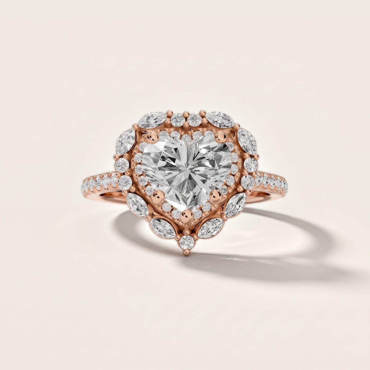 Lyndon Floral Double Halo Heart Diamond Engagement Ring in Rose Gold - front.jpg