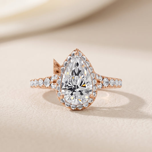 Bella Halo Pavé Pear Diamond Engagement Ring in Rose Gold - front.jpg