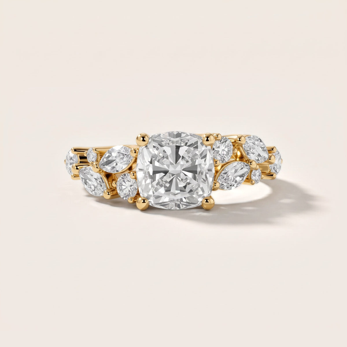 Kelsey Leaf Cluster Cushion Diamond Engagement Ring in Yellow Gold - front.jpg