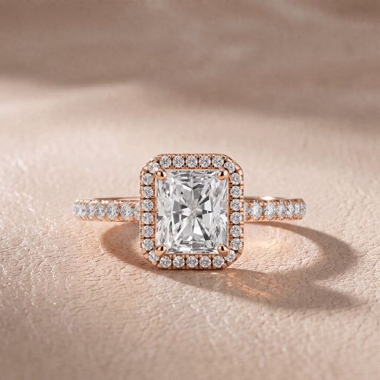 Mabel Halo French Pavé Radiant Diamond Engagement Ring in Rose Gold - front.jpg