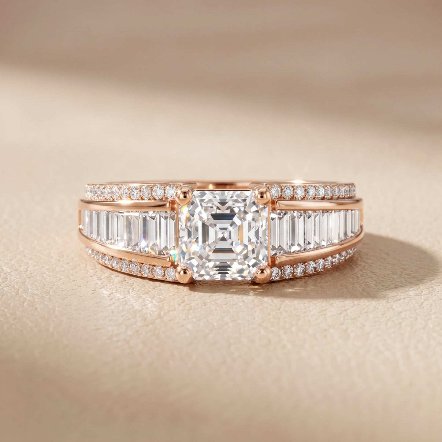 Halle Channel Set Baguette Accent Asscher Diamond Engagement Ring in Rose Gold - front.jpg