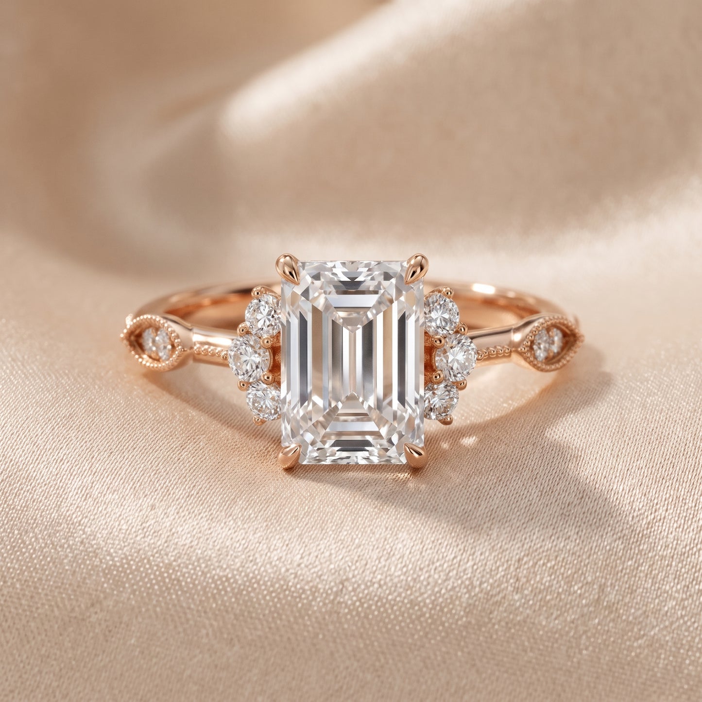 Naomi Vintage Milgrain Emerald Diamond Engagement Ring in Rose Gold - front.jpg